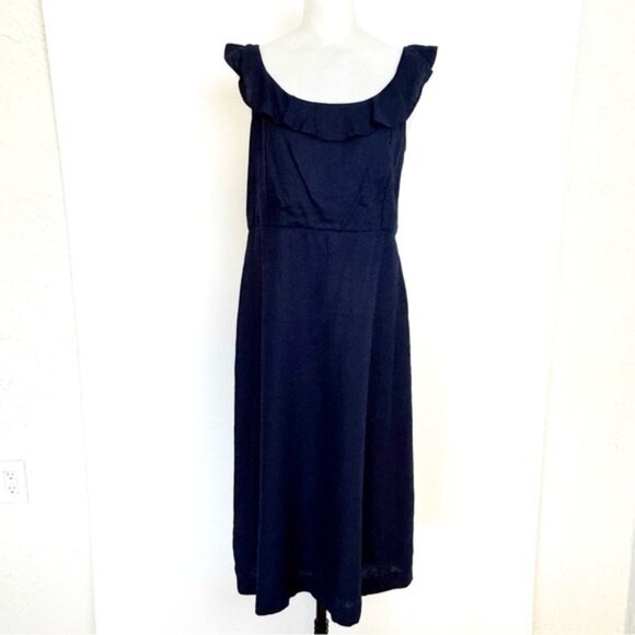 Ann Taylor Navy Linen Blend Scoop Flutter Sleeve Midi Dress 12 P - Picture 2 of 13